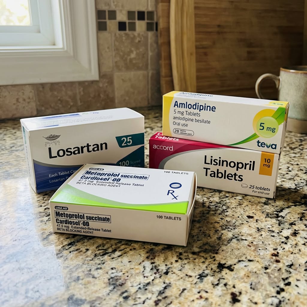 Blood pressure medication boxes on a counter