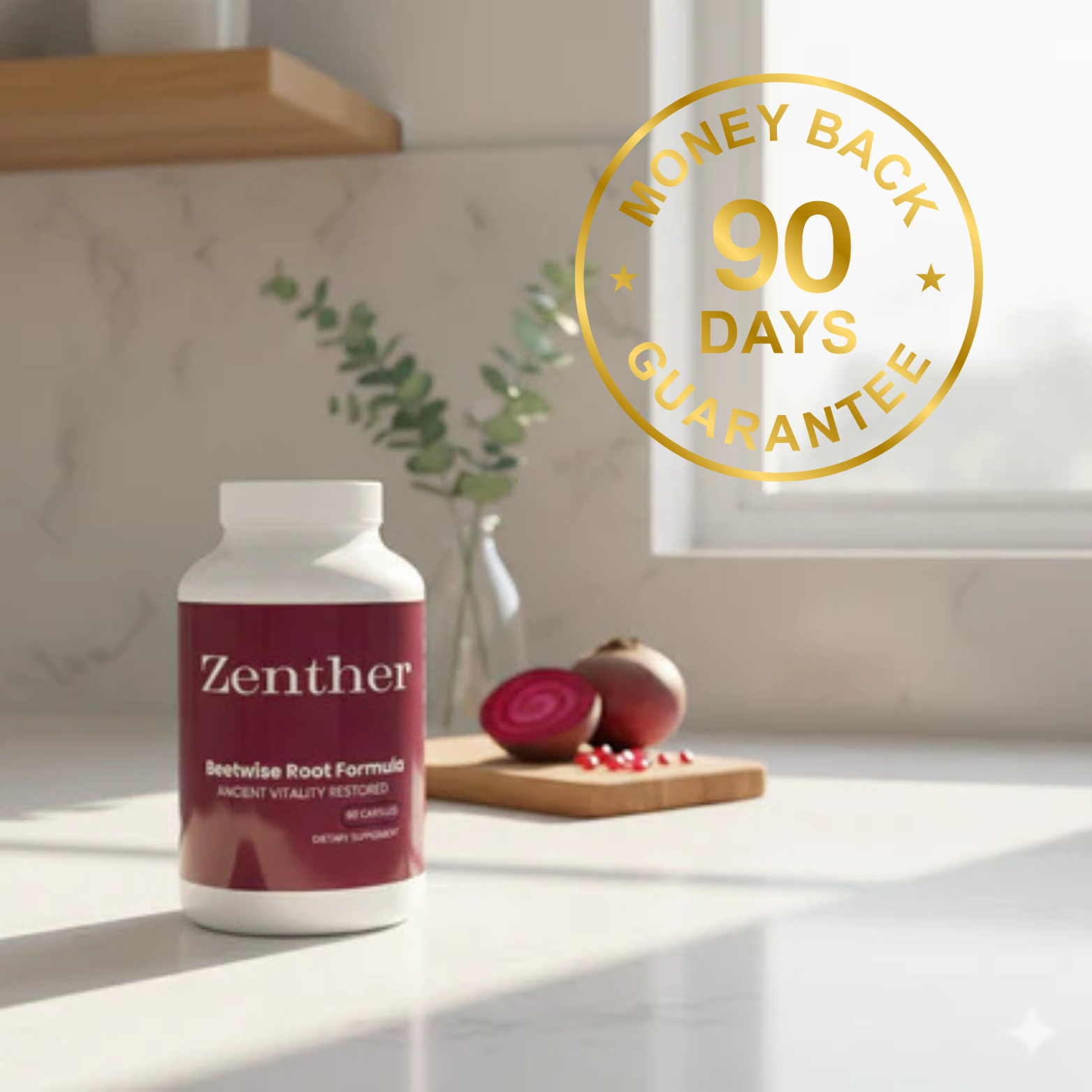 BeetWise bottle with 90 day guarantee badge